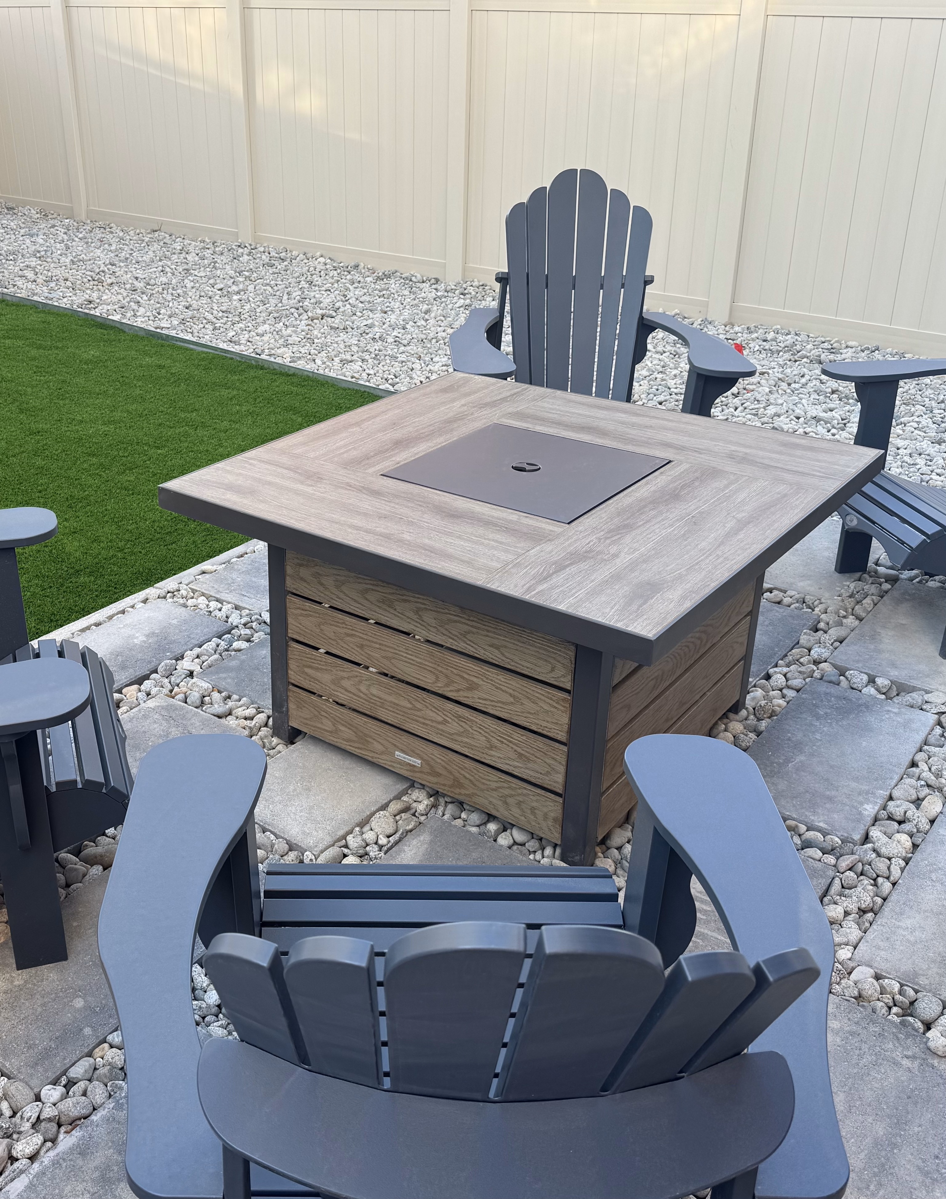 Landscaped outdoor space with fire pit and seating area